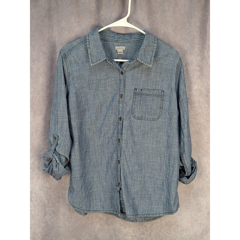 Carhartt Girls Blue Chambray Button Down Shirt Roll Tab Sleeve Size L 12/14